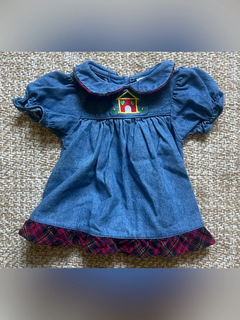 Vintage Oshkosh B’gosh Small Steps Denim Schoolhouse Dress Plaid Ruffle Trim